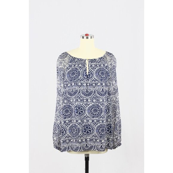 TORY BURCH Lisa Navy Blue Print Silk Georgette Tunic Blouse Top, Size 6 - Picture 1 of 13